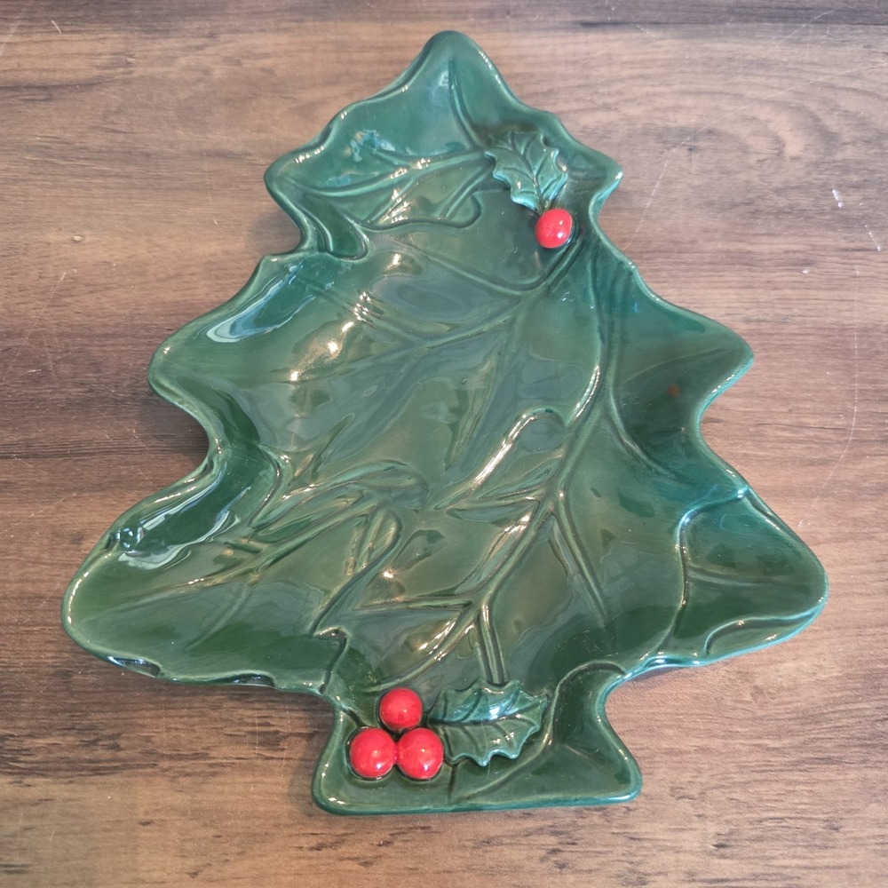 Vintage 8" Lefton Japan Green Holly Berry Ceramic Christmas Tree Candy Nut Dish